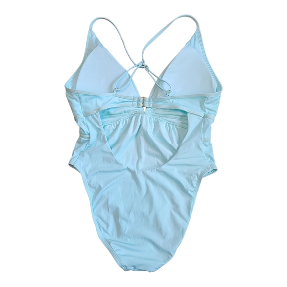 NWOT Bcbgmaxazria Plunging V-Neckline Shirr One Piece Swimsuit Aqua Blue Size 8 - Picture 8 of 17